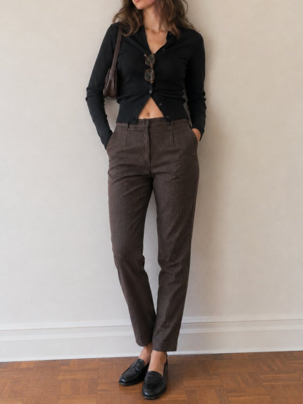 Vintage Brown Wool Pinstripe Trousers – Size 24 | Made in Canada